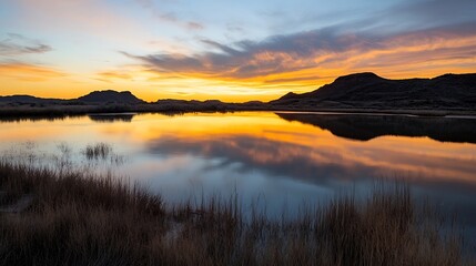 Stunning sunset reflecting on calm water with mountains and grasslands creating a picturesque landscape : Generative AI