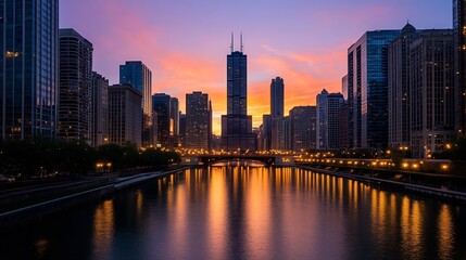 Fototapeta premium Stunning sunset reflection over a river with city skyline in the background : Generative AI