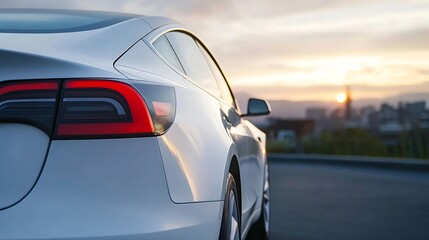 Stylish electric car parked against a backdrop of a glowing sunset over the city skyline : Generative AI