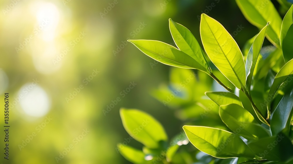 Poster closeup of vibrant green leaves illuminated by sunlight creating a refreshing natural atmosphere : g