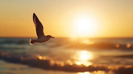 Fototapeta premium Seagull Soaring Over a Golden Sunset with Waves and Glimmers of Light in the Ocean Background : Generative AI