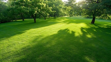 Obraz premium Vibrant green lawn surrounded by trees under warm sun with long shadows creating a peaceful outdoor scene : Generative AI