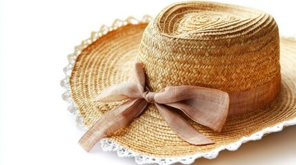 Women's straw hat isolated, featuring a ribbon accent and scalloped edges on the brim, with natural beige tones, on a clean white background for elegance.