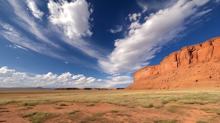 Naklejka premium Breathtaking Wide Open Landscape with Red Rock Formation and Dramatic Blue Sky : Generative AI
