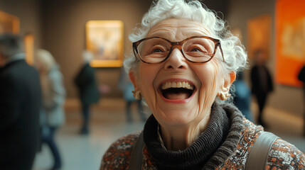Joyful elderly woman smiling in art gallery cultural experience indoor setting engaging atmosphere