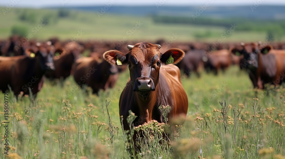 Poster curious brown calf standing in a field surrounded by a herd of cows grazing in a serene landscape fi