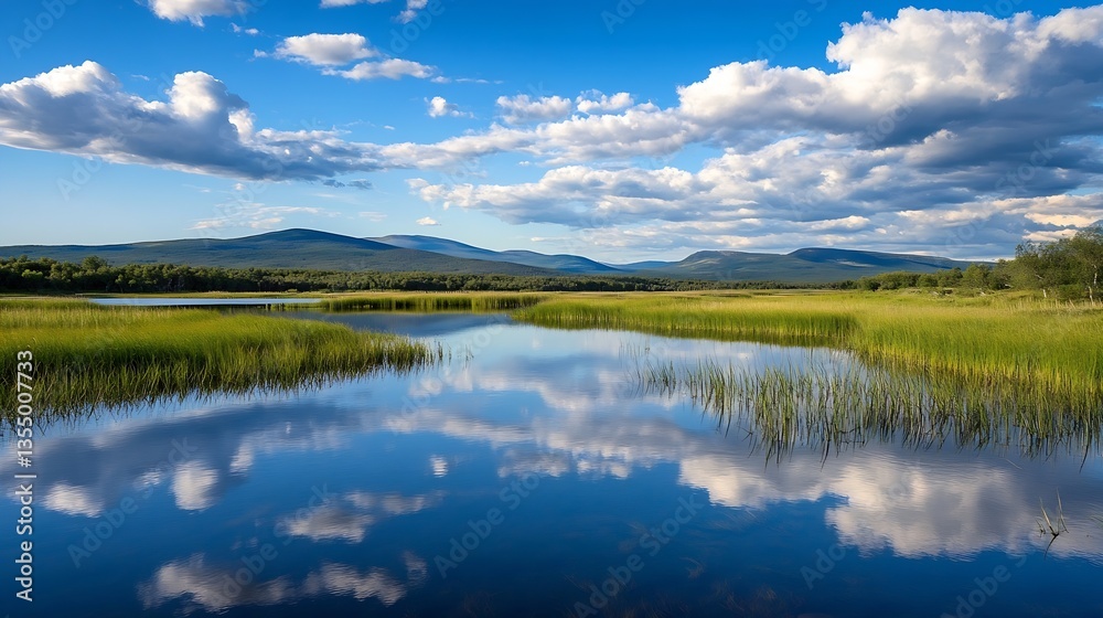 Poster scenic view of tranquil lake reflecting clouds and mountains under a blue sky : generative ai