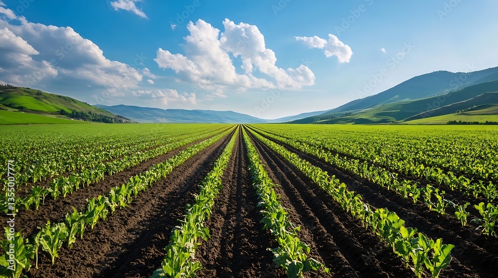 Poster vast agricultural field with green rows of crops under a bright blue sky and fluffy clouds : generat