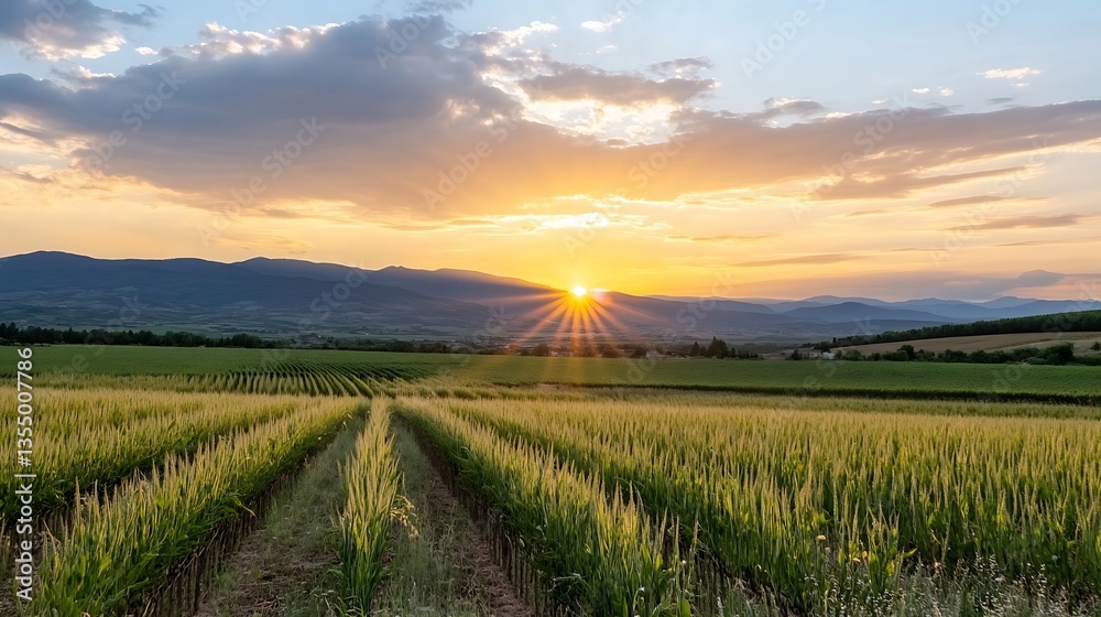 Aufkleber sunset over vast agricultural fields with sun rays piercing through the clouds : generative ai