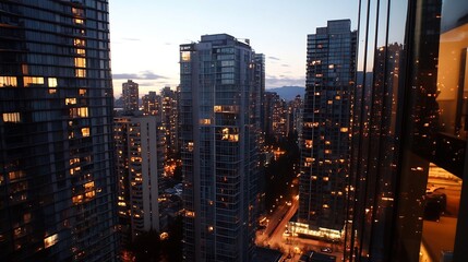 Obraz premium Stunning city skyline view at dusk showcasing illuminated skyscrapers and streets : Generative AI