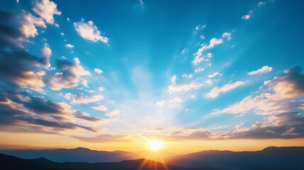 Stunning Sunrise over Mountains with Radiant Clouds Illuminating the Sky : Generative AI