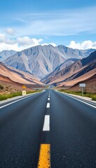 Naklejka premium Empty asphalt road, mountains in background, panoramic view, mountain, outdoor, adventure