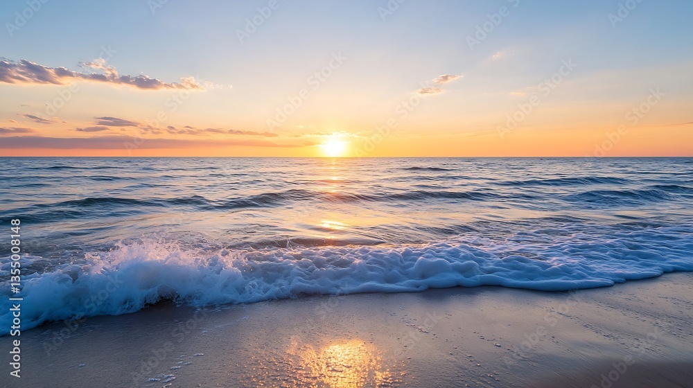 Poster stunning seascape at sunset with gentle waves lapping the shore reflecting warm colors of the twilig