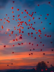 Heart Balloons Floating in Sunset Sky
