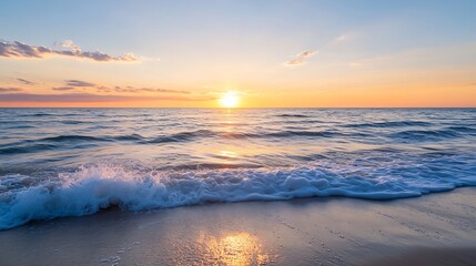 Obraz premium Stunning seascape at sunset with gentle waves lapping the shore reflecting warm colors of the twilight sky : Generative AI