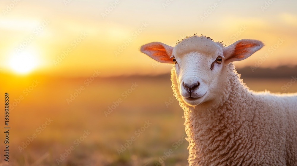 Poster a charming sheep gazing at the camera with a beautiful sunset backdrop in a rural field : generative