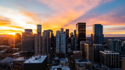 Breathtaking Sunset Over City Skyline with Skyscrapers in Urban Landscape : Generative AI