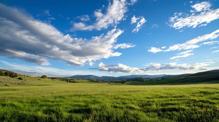 Fototapeta premium Scenic countryside landscape featuring lush green grass under a vast blue sky with clouds and mountains in the distance : Generative AI