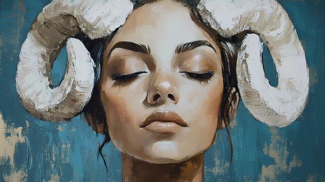 Acrylic painting of a serene woman with closed eyes and large white ram horns, symbolizing Aries zodiac sign, textured brushstrokes, teal blue background with earthy tones
