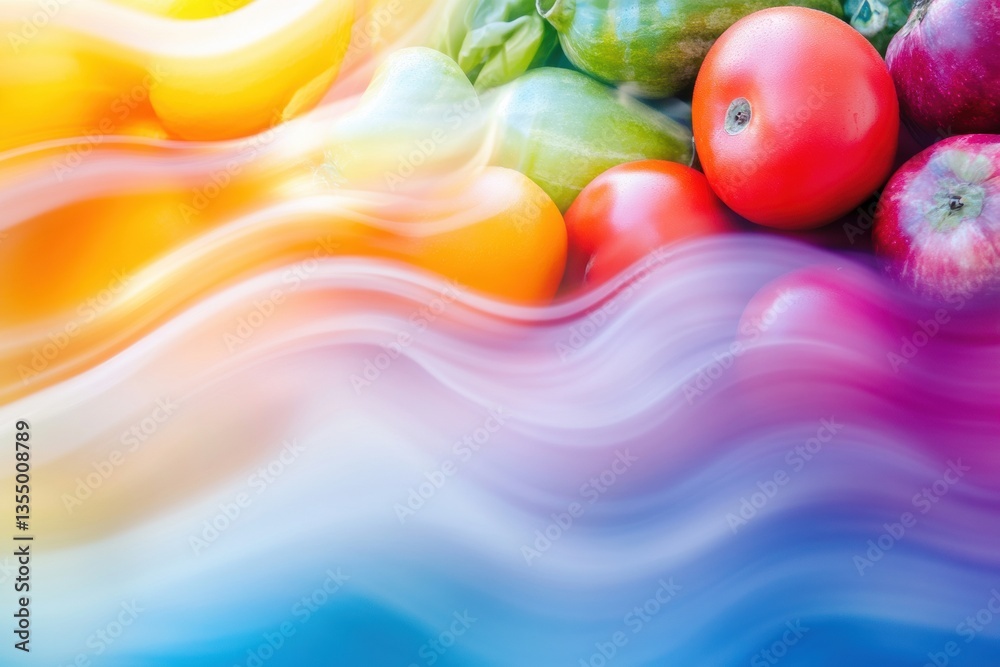 Poster fluid abstract background featuring dynamic waves of fresh groceries creating a vibrant and colorful