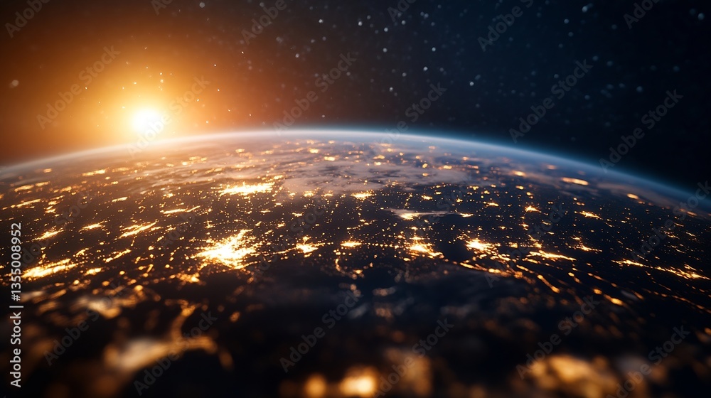Poster earth from space capturing sunlight over a network of city lights at night : generative ai