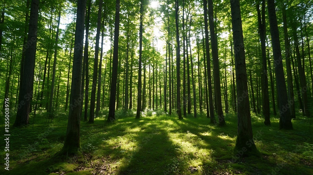Aufkleber sunlight filtering through tall trees in lush green forest creating beautiful shadows : generative a