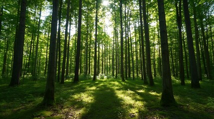Sunlight Filtering Through Tall Trees in Lush Green Forest Creating Beautiful Shadows : Generative AI