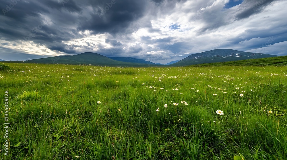 Poster scenic view of a lush green meadow with wildflowers under dramatic clouds and distant mountains : ge