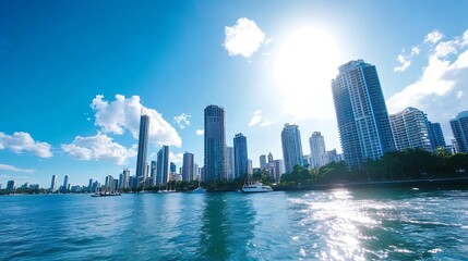 Fototapeta premium Lively waterfront view showcasing modern skyscrapers set against a bright sunny sky : Generative AI