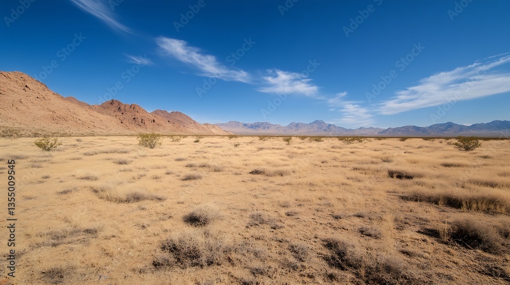 Poster vast desert landscape featuring barren terrain and expansive blue sky with wispy clouds and mountain