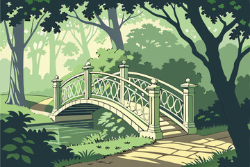 12 Ornate white iron bridge, lush green forest, dappled sunlight, tranquil park setting, wooden planks, stone pillars, arched bridge design, serene pathway, leafy canopy, nature walk, romantic atmosph