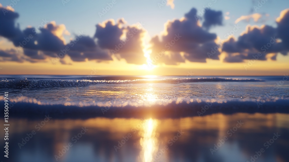Poster dramatic sunset over ocean waves creating a serene seascape with reflections : generative ai
