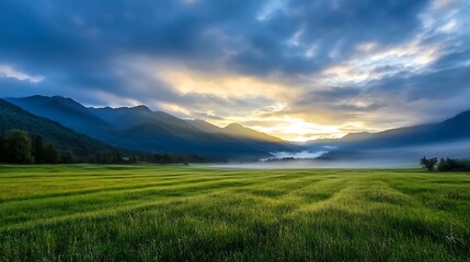 Fototapeta premium Majestic mountain landscape under dynamic clouds at sunrise painting the horizon in vibrant hues : Generative AI