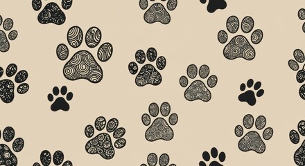 A whimsical pattern of black paw prints on a light beige background, featuring intricate designs that are perfect for pet-related products or graphics.