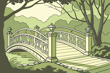12 Ornate white iron bridge, lush green forest, dappled sunlight, tranquil park setting, wooden planks, stone pillars, arched bridge design, serene pathway, leafy canopy, nature walk, romantic atmosph