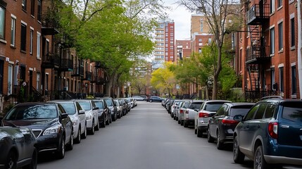 Obraz premium Treelined city street with parked cars on both sides creating a peaceful urban atmosphere : Generative AI