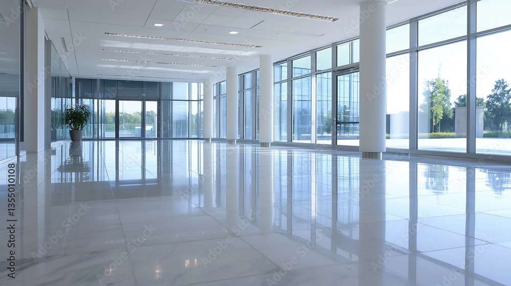 Poster a spacious modern interior with large windows letting in natural light and a clean floor : generativ