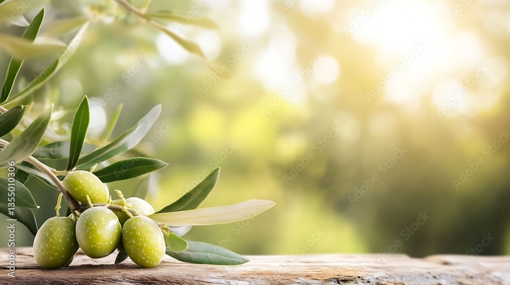 Poster fresh green olives on a branch captured with sunlight in a serene outdoor setting : generative ai