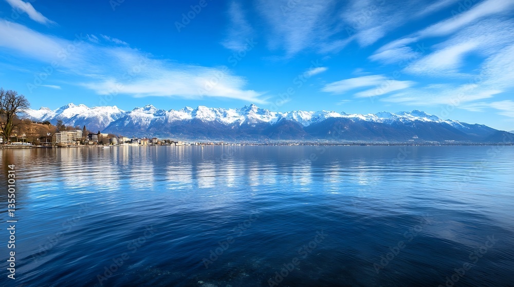 Poster breathtaking panoramic view of a serene lake surrounded by majestic snow capped mountains : generati