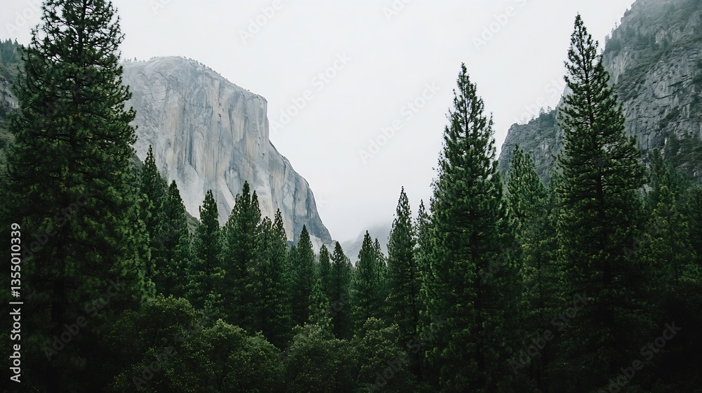 Poster majestic view of pine trees surrounding a mountain peak shrouded in fog in a serene wilderness lands