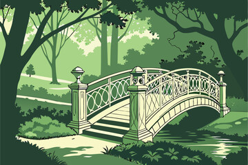 12 Ornate white iron bridge, lush green forest, dappled sunlight, tranquil park setting, wooden planks, stone pillars, arched bridge design, serene pathway, leafy canopy, nature walk, romantic atmosph