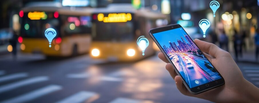 smart city public transportation control and mobile app to taking bus to destination or location and directions tracking GPS system concepts as wide banner with copyspace