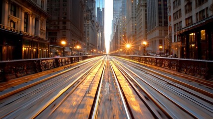 Fototapeta premium Cityscape Train Rail Tracks Golden Sunlight Leading to Distant City Lights Perspective