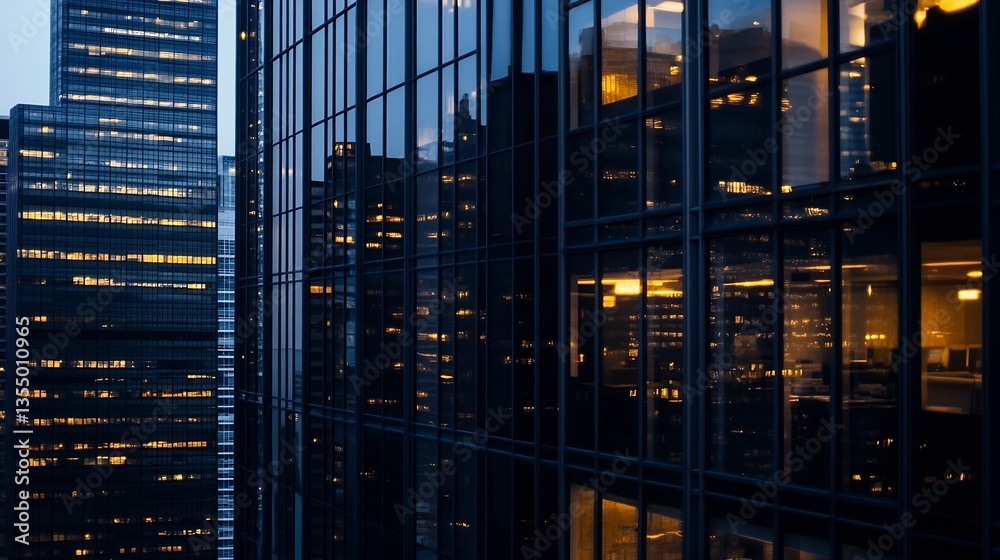 Poster stunning city skyline reflection in glass skyscraper windows during twilight hours : generative ai
