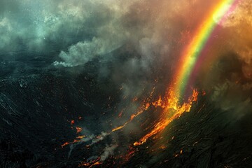A vibrant rainbow arches over a volcanic landscape, showcasing flowing lava and billowing smoke.