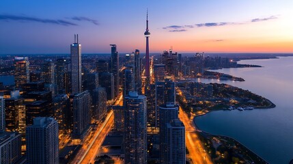 Naklejka premium Stunning panoramic view of a vibrant city skyline illuminated at dusk with iconic structures and waterfront : Generative AI