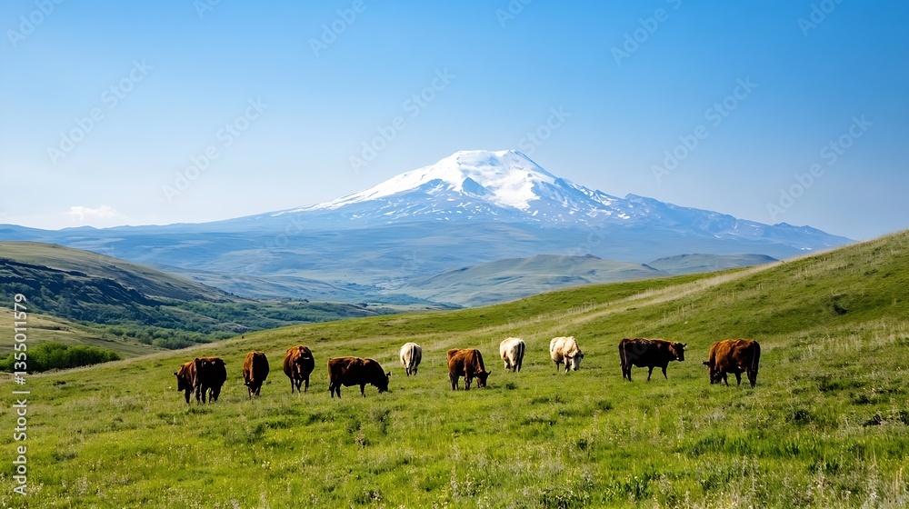 Poster scenic view of cows grazing on lush green pasture with majestic snowy mountains in the background : 