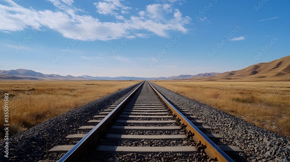 Poster expansive railway tracks stretching towards mountains under a clear blue sky : generative ai