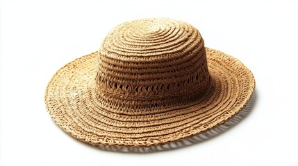 Women's straw hat isolated with a round crown and detailed woven textures, highlighted by subtle shadows, on a smooth white background for clarity.