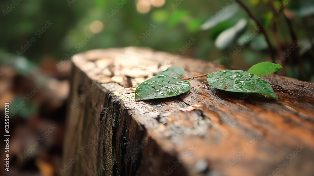 Aufkleber Close up view of fresh green leaves resting on a rustic wooden log in a serene forest setting : Generative AI